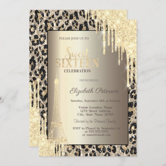 Glitter Drips, Eiffel Tower Leopard Print Sweet 16 Kaart (Voorkant / Achterkant)