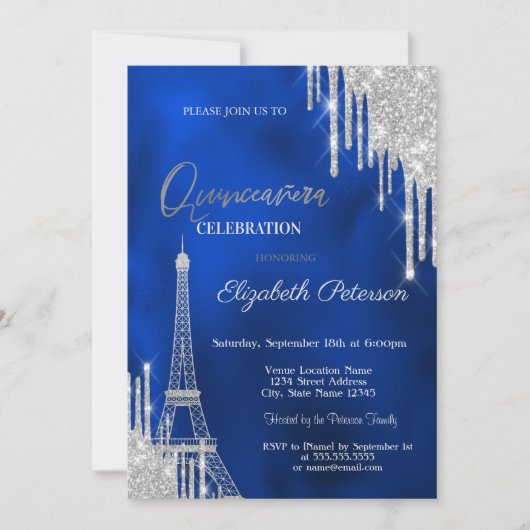 Glitter Drips, Eiffel Tower Royal Blue Quinceañera Kaart (Voorkant)
