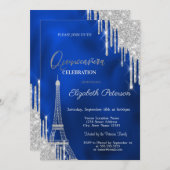 Glitter Drips, Eiffel Tower Royal Blue Quinceañera Kaart (Voorkant / Achterkant)