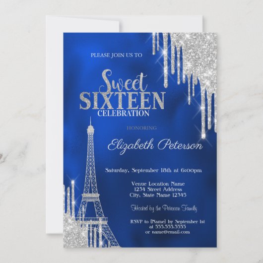 Glitter Drips, Eiffel Tower Royal Blue Sweet 16 Kaart (Voorkant)