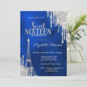 Glitter Drips, Eiffel Tower Royal Blue Sweet 16 Kaart (Staand voorkant)