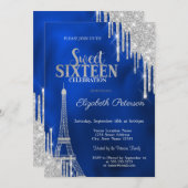 Glitter Drips, Eiffel Tower Royal Blue Sweet 16 Kaart (Voorkant / Achterkant)