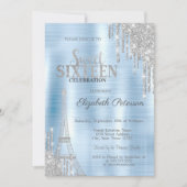 Glitter Drips, Eiffeltoren Blauw Metallic Sweet 16 Kaart (Voorkant)