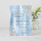 Glitter Drips, Eiffeltoren Blauw Metallic Sweet 16 Kaart (Staand voorkant)