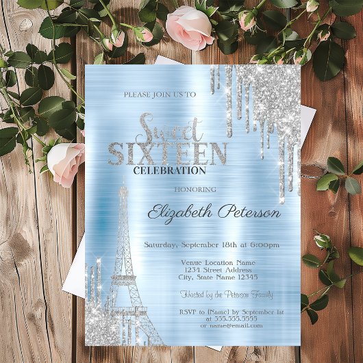 Glitter Drips, Eiffeltoren Blauw Metallic Sweet 16 Kaart