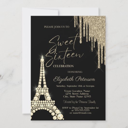 Glitter Drips, Eiffeltoren Diamanten Sweet 16 Kaart (Voorkant)