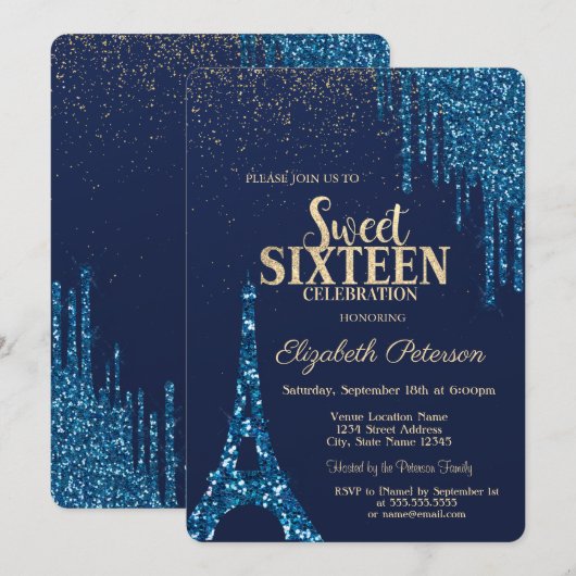 Glitter Drips, Eiffeltoren marineblauw, zoet 16 Kaart (Voorkant / Achterkant)