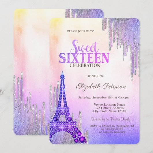 Glitter Drips Eiffeltoren Metallic Sweet 16 Kaart (Voorkant / Achterkant)