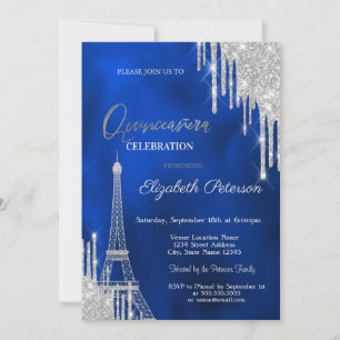 Glitter Drips, Eiffeltoren Royal Blue Quinceañera Kaart