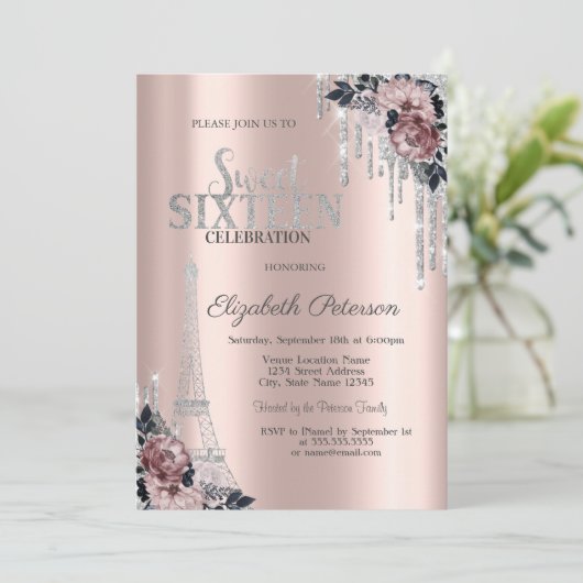 Glitter Drips, Eiffeltower Flowers Sweet 16 I Kaart (Staand voorkant)