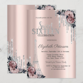Glitter Drips, Eiffeltower Flowers Sweet 16 I Kaart