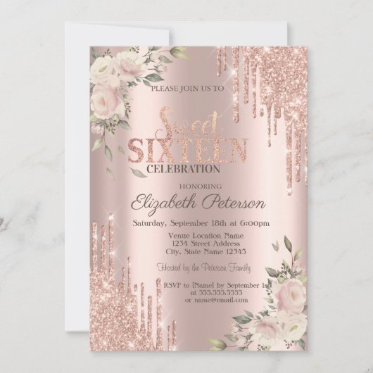 Glitter Drips Floral Roos Gold Floral Sweet 16 Kaart (Voorkant)