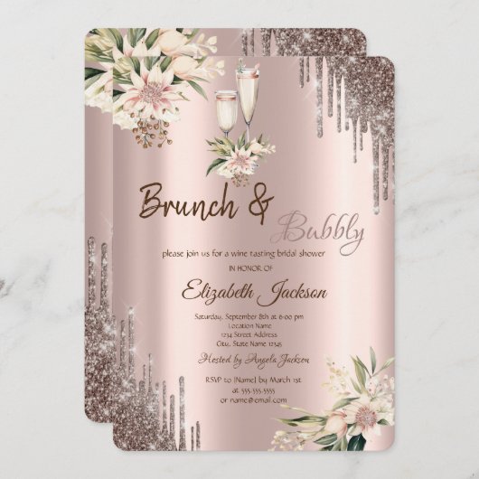 Glitter Drips Floral Wine Glass Vrijgezellenfeest Kaart (Voorkant / Achterkant)