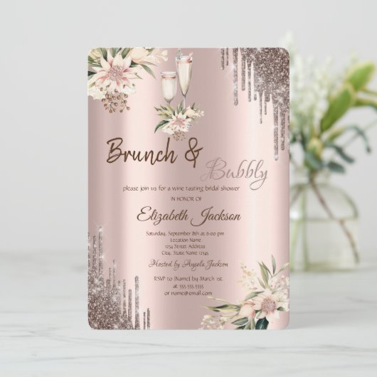 Glitter Drips Floral Wine Glass Vrijgezellenfeest Kaart (Staand voorkant)