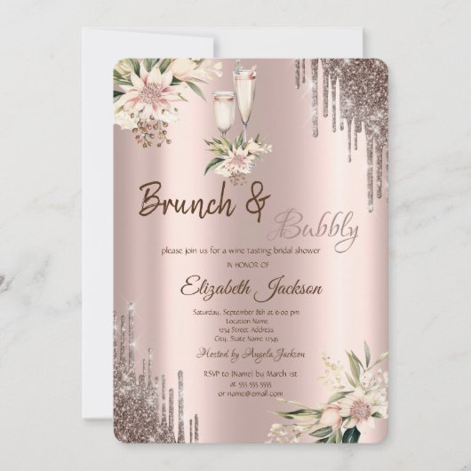 Glitter Drips Floral Wine Glass Vrijgezellenfeest Kaart (Voorkant)