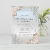 Glitter Drips, Flowers Silver Bruiloft Jubileum Kaart (Staand voorkant)