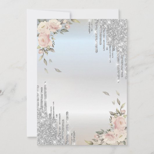 Glitter Drips, Flowers Silver Bruiloft Jubileum Kaart (Achterkant)