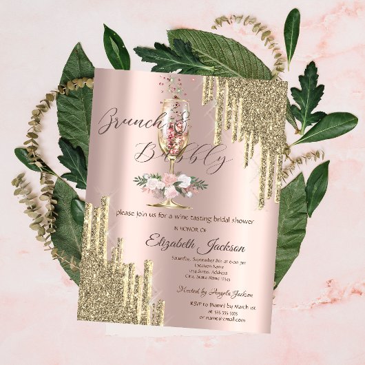 Glitter Drips, Glas, Brunch & Bubbels Bruidsfeest Kaart