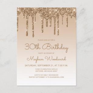 Glitter Drips Gold 30th Birthday Party Invitation Briefkaart