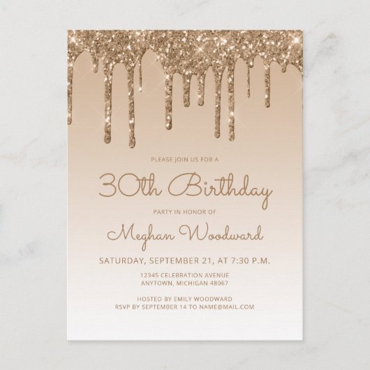Glitter Drips Gold 30th Birthday Party Invitation Briefkaart (Voorkant)