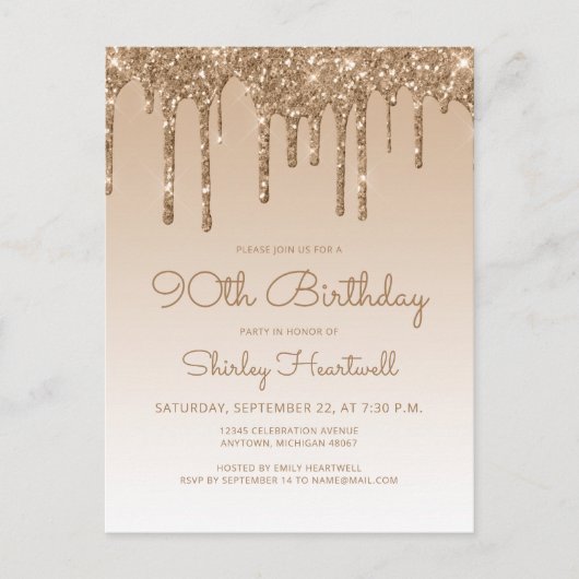 Glitter Drips Gold 90th Birthday Party Invitation Briefkaart (Voorkant)