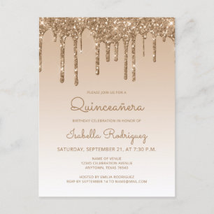 Glitter Drips Gouden Quinceañera Feest Briefkaart