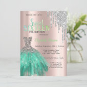Glitter Drips, Green Dress Roos Gold Sweet 16 Kaart (Staand voorkant)
