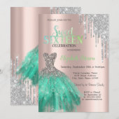 Glitter Drips, Green Dress Roos Gold Sweet 16 Kaart (Voorkant / Achterkant)