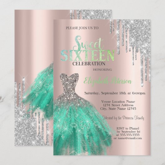 Glitter Drips, Green Dress Roos Gold Sweet 16 Kaart (Voorkant / Achterkant)