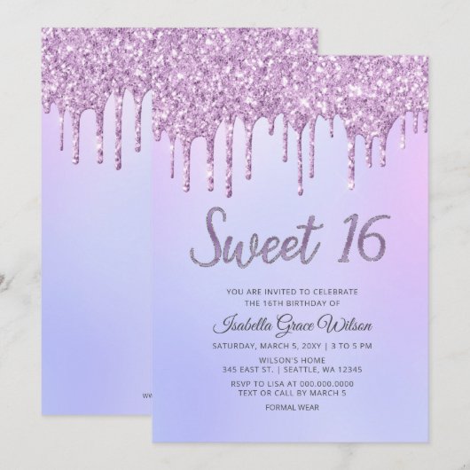 Glitter Drips Holograaf Paars Sweet 16 Birthday Kaart (Voorkant / Achterkant)