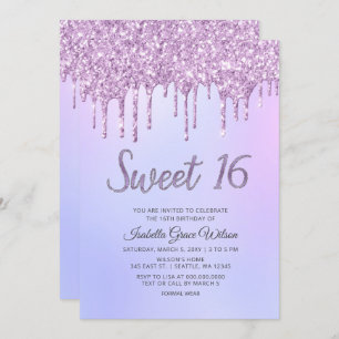 Glitter Drips Holograaf Paars Sweet 16 Birthday Kaart
