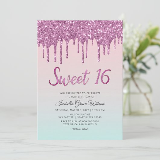 Glitter Drips Holograaf Roze Sweet 16 Birthday Kaart (Staand voorkant)