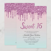 Glitter Drips Holograaf Roze Sweet 16 Birthday Kaart (Voorkant / Achterkant)