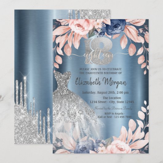 Glitter Drips Jurk Bloemen Blauw Metallic 18th Kaart (Voorkant / Achterkant)