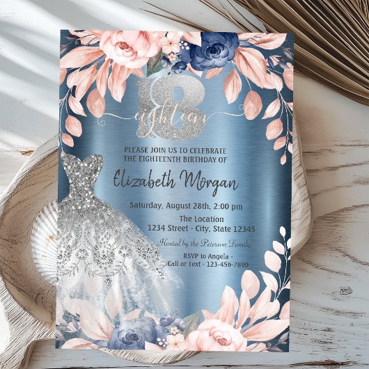 Glitter Drips Jurk Bloemen Blauw Metallic 18th Kaart