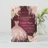 Glitter Drips Jurk Bloemen Bourgondië Quinceañera Kaart (Staand voorkant)