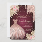 Glitter Drips Jurk Bloemen Bourgondië Quinceañera Kaart (Voorkant)