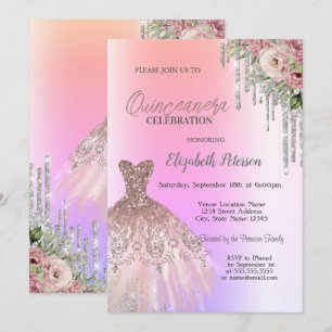 Glitter Drips, Jurk Bloemen Ombre Quinceanera Kaart