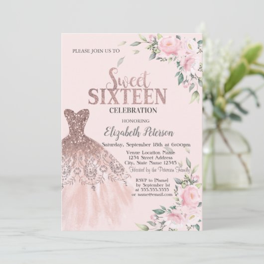 Glitter Drips,Jurk,Bloemen Roze Sweet 16  Kaart (Staand voorkant)