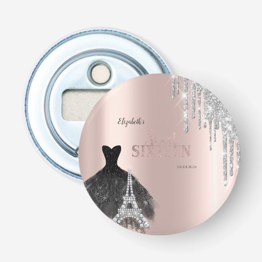 Glitter Drips,Jurk,Eiffeltoren Sweet 16 Button Flesopener (Voorkant)