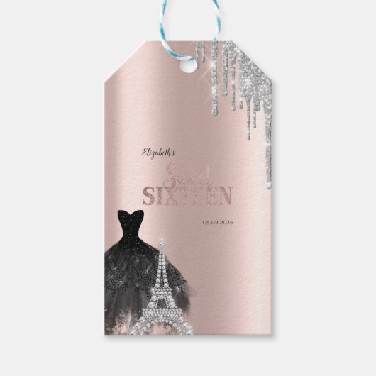 Glitter Drips,Jurk,Eiffeltoren Sweet 16 Cadeaulabel (Voorkant)