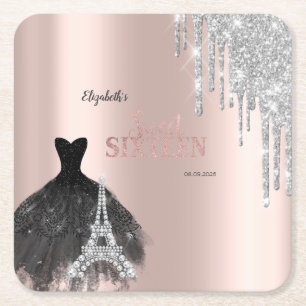 Glitter Drips,Jurk,Eiffeltoren Sweet 16 Kartonnen Onderzetters