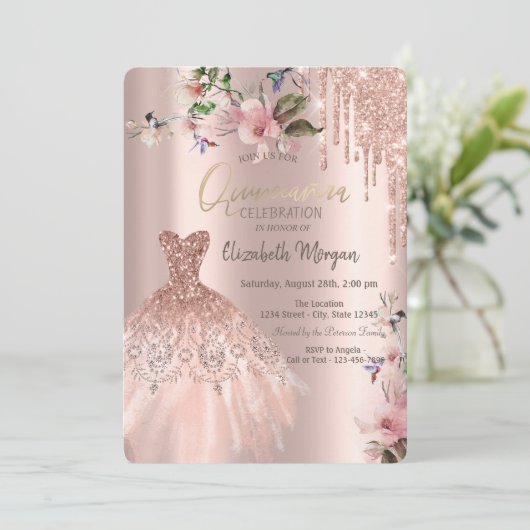 Glitter Drips Jurk Lente Bloemen Quinceañera Kaart (Staand voorkant)