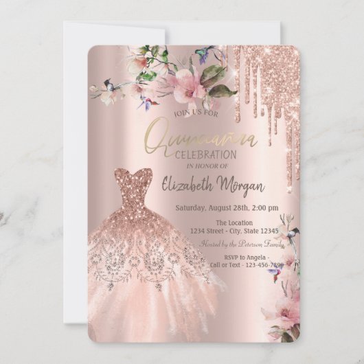 Glitter Drips Jurk Lente Bloemen Quinceañera Kaart (Voorkant)