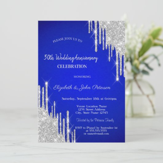 Glitter Drips Koninklijk Blauwe Huwelijksverjaarda Kaart (Staand voorkant)