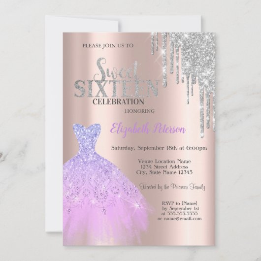Glitter Drips, Lavander Dress Roos Gold Sweet 16 Kaart (Voorkant)