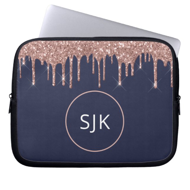 Glitter Drips Monogrammed Navy Blauw Roos Goud Laptop Sleeve (Voorkant)