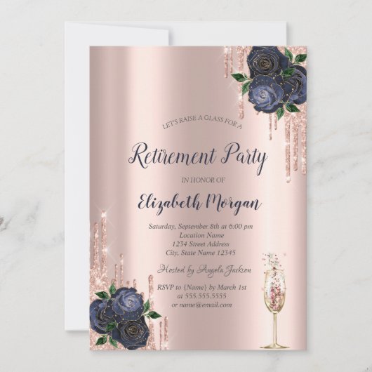 Glitter Drips, Navy Blue Roses Pensioen Kaart (Voorkant)