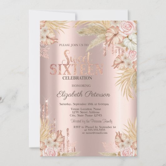 Glitter Drips,Pampas Grass Flowers Sweet 16 Kaart (Voorkant)