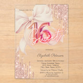 Glitter Drips Pink Bow Rose Gold Shiny Sweet 16 Acryl Uitnodigingen (Voorkant)